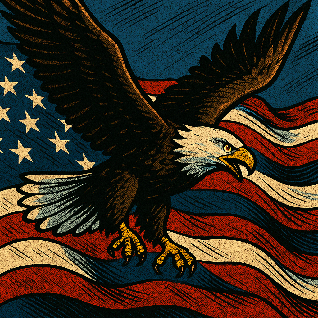 ハクトウワシとアメリカ国旗