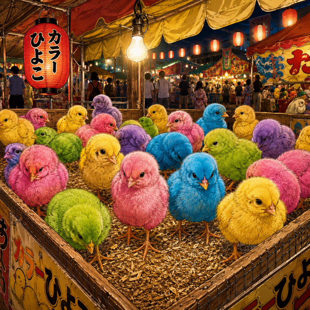 屋台で売られているカラーひよこ