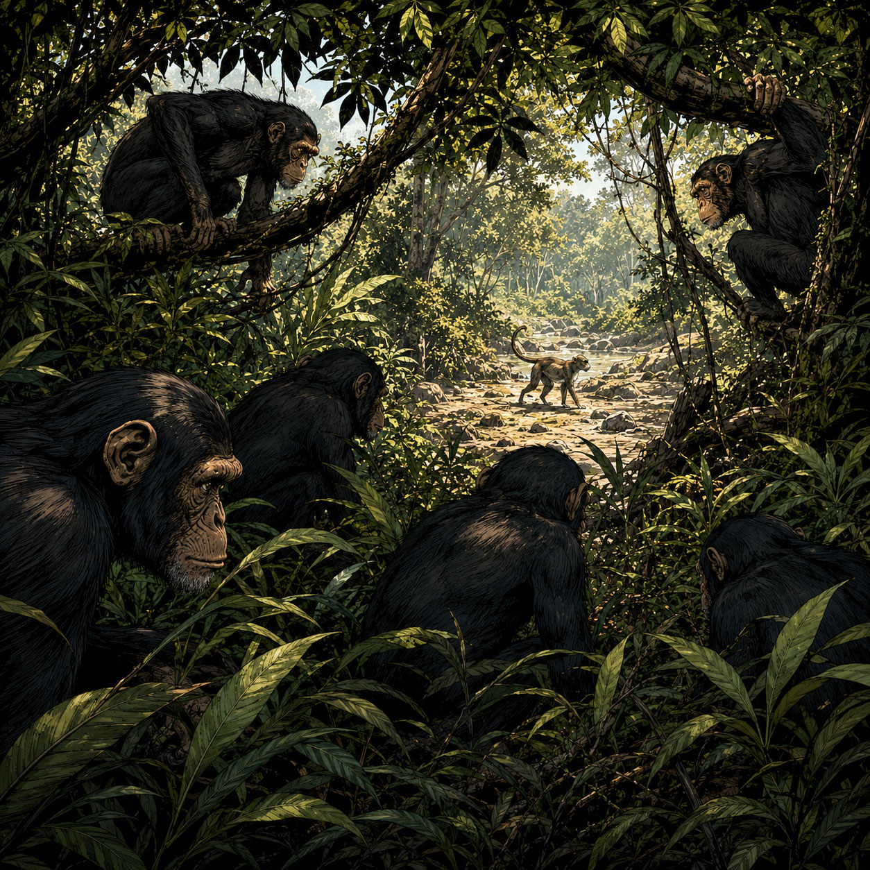 獲物を狙うチンパンジの群れ