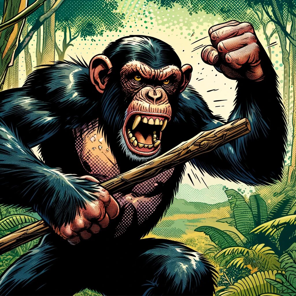 木の棒をもって猛るチンパンジー