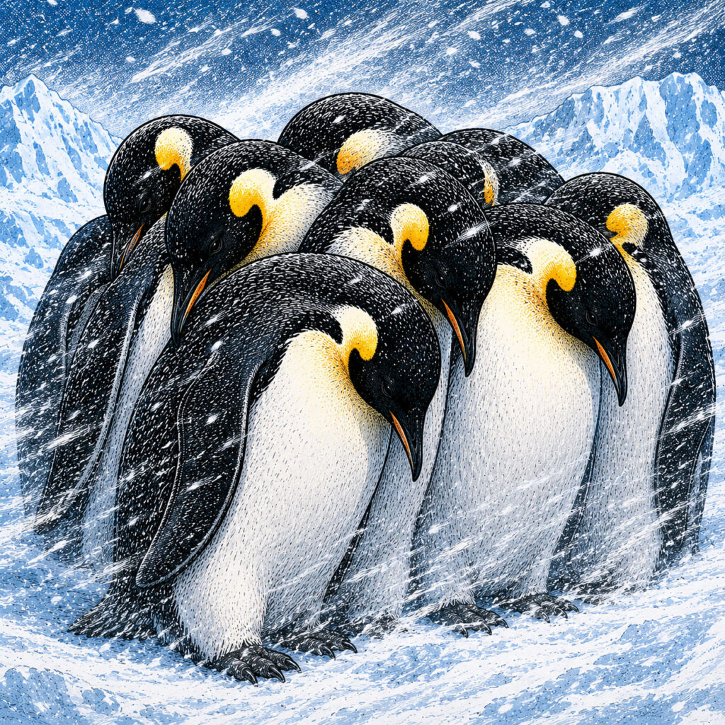 寒さに耐えるコウテイペンギンたち