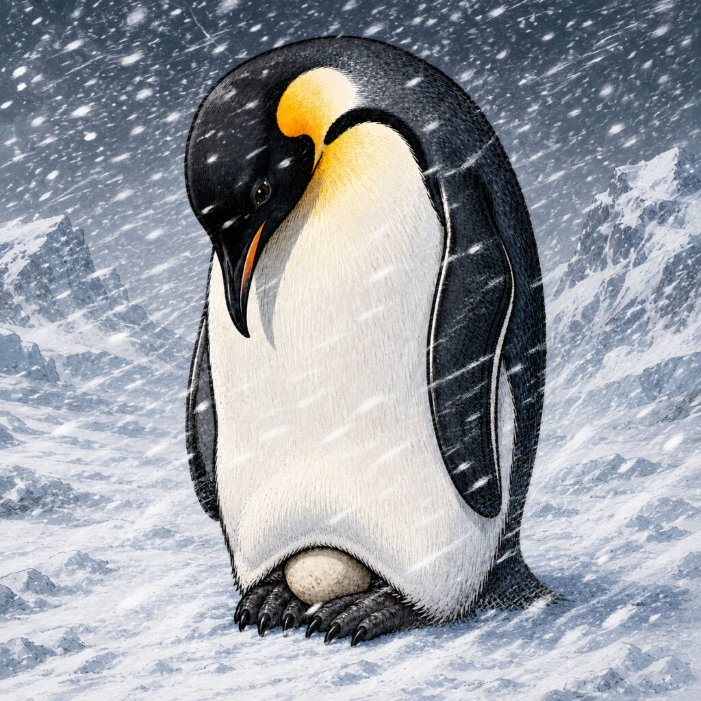 卵をあたためるオスのコウテイペンギン