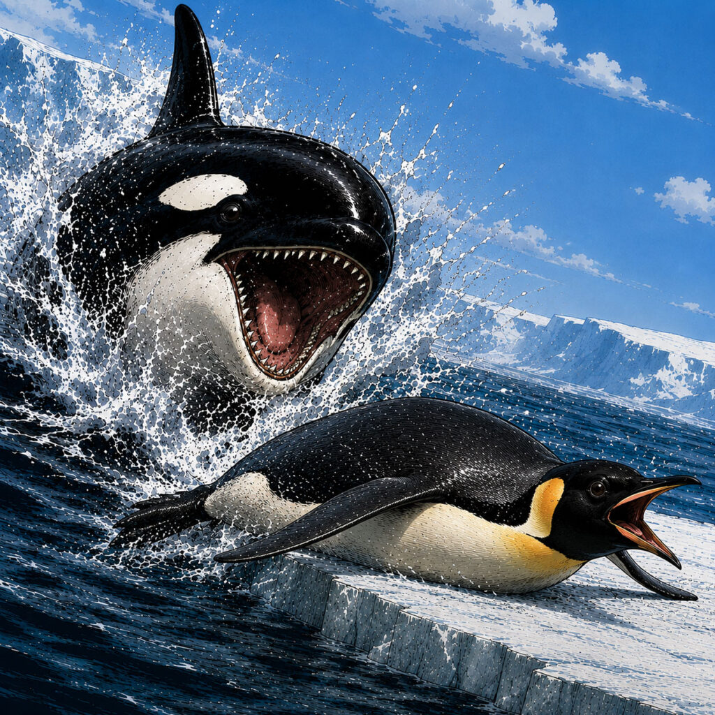 シャチから逃げるコウテイペンギン