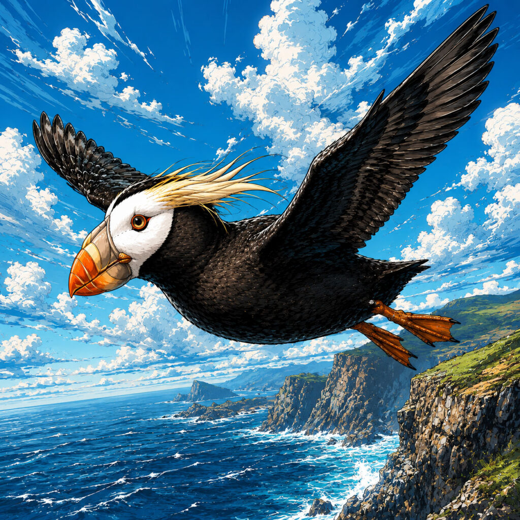 空を飛んでいるエトピリカ