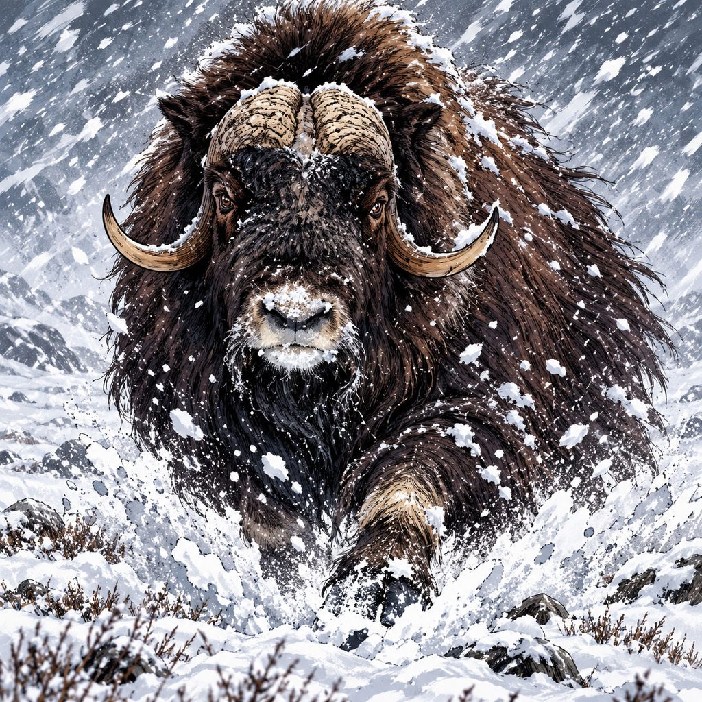 雪原を走るジャコウウシ