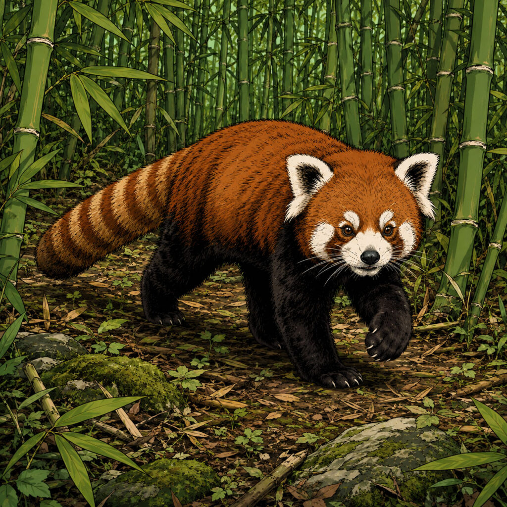 竹林を歩くレッサーパンダ